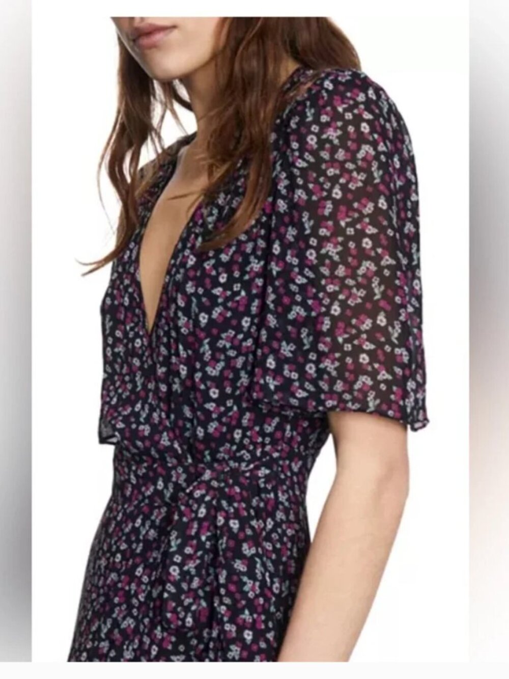 The Kooples Black Midi WraDress with Pink Floral Print - US size 27/28